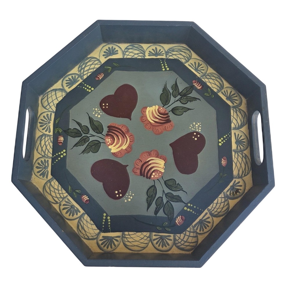 Handmade Octagon Wood Serving Tray Unisex Medium Blue Floral Hearts Folk Art